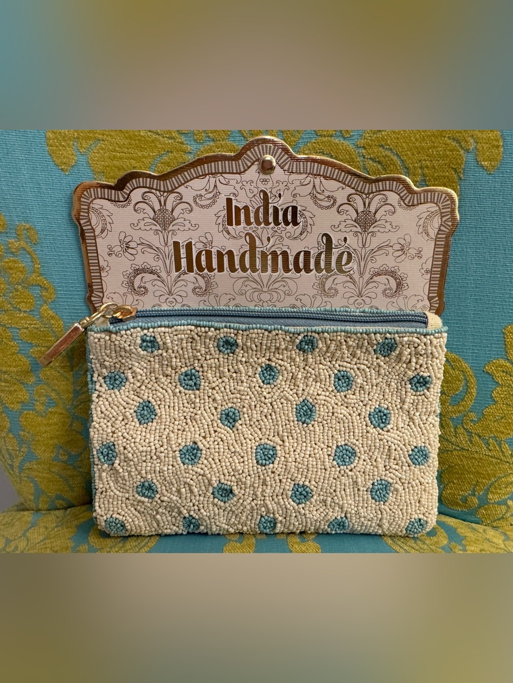 NWT Indian Handmade Beaded Cream and Teal Women's Clutch